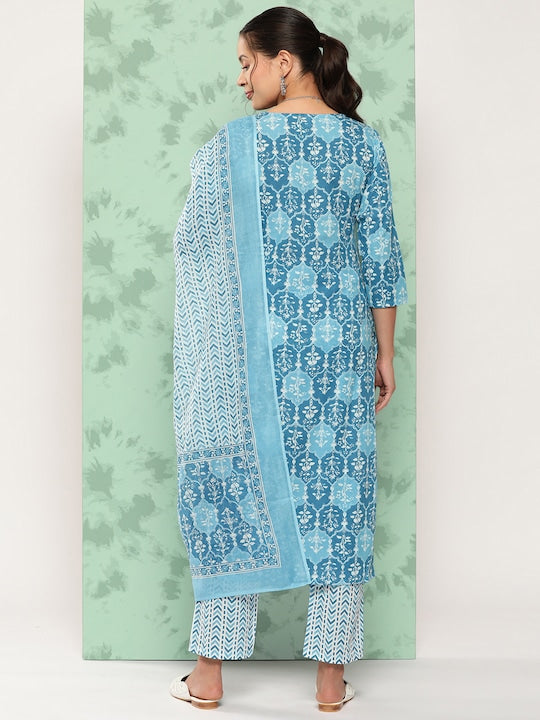Yufta Ethnic Motifs Printed Beads & Stones Detail Cotton Kurta with Trousers & Dupatta