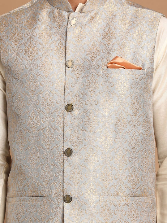 Vastramay Men Grey Woven-Design Silk Nehru Jacket
