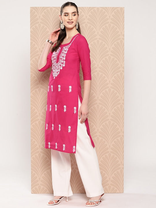 Yufta Floral Embroidered Chikankari Pure Cotton Kurta