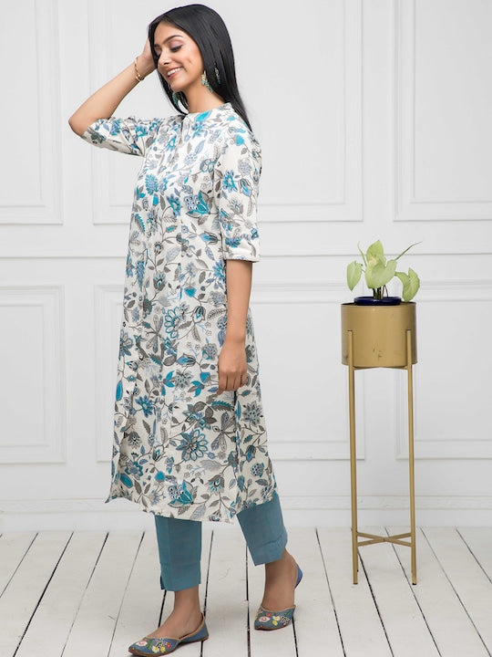 Myshka Floral Printed Mandarin Collar Cotton Kurta
