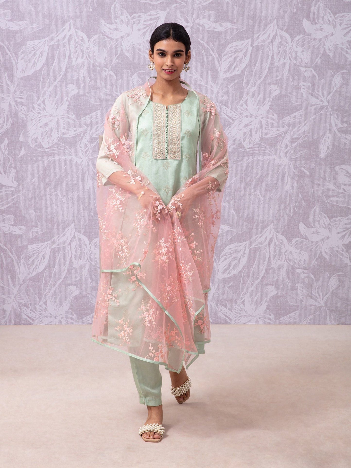 Likha Shaan-e-Avadh Sap Green Sequins Embroidery Kurta, Pant & Dupatta LIKSKD105 (Set of 3)