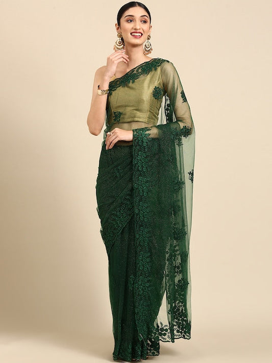 Anouk Green Embellished Embroidered Net Saree
