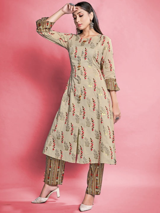 Mitera Floral Printed Regular Pure Cotton Kurta With Trouser