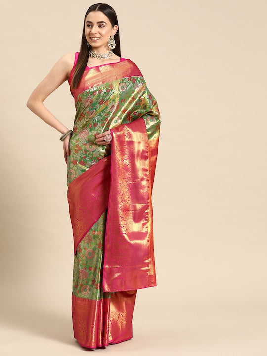Silk Land Floral Woven Design Zari Pure Silk Banarasi Saree