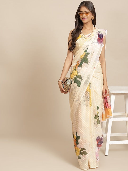 Silk Land Cream-Coloured & Green Floral Print Dobby Weave Chiffon Saree