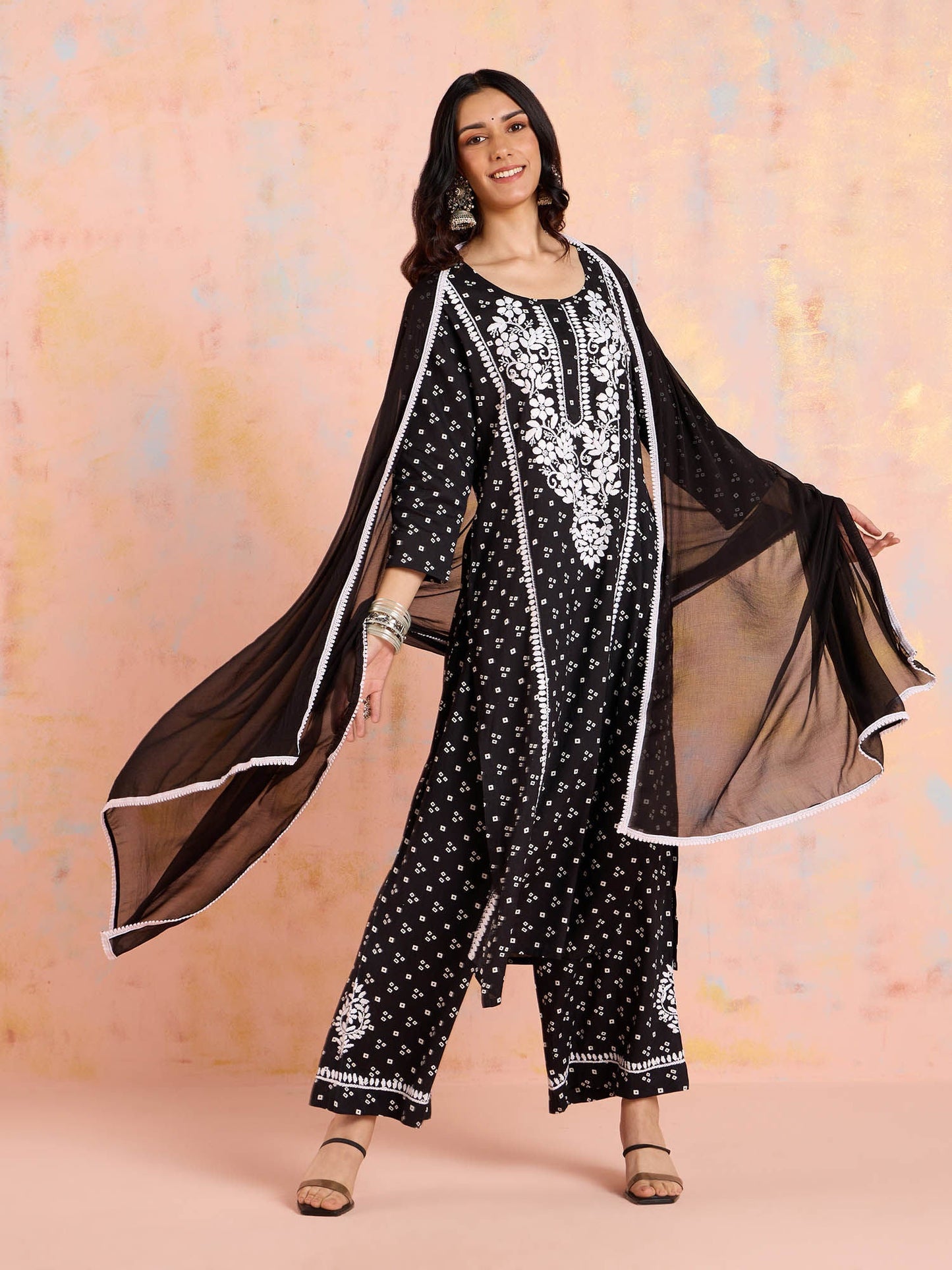 Likha Black Chikankari Kurta Pant & Dupatta (Set of 3)