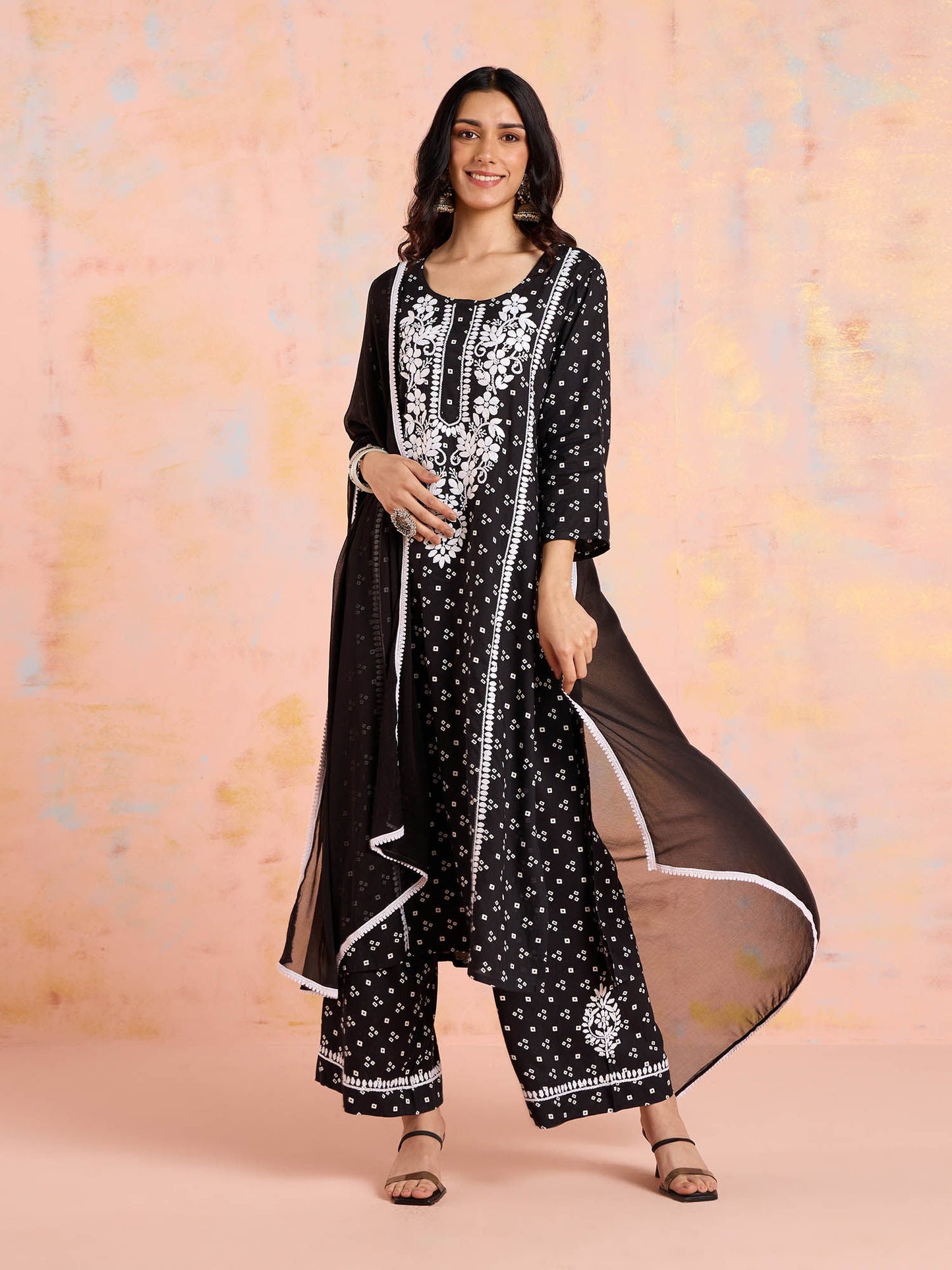 Likha Black Chikankari Kurta Pant & Dupatta (Set of 3)