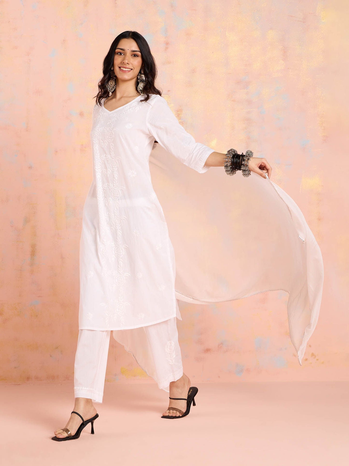 Likha White Tonal Chikankari Kurta Pant & Dupatta (Set of 3)