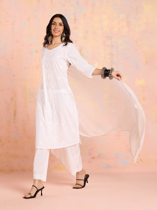 Likha White Tonal Chikankari Kurta Pant & Dupatta (Set of 3)
