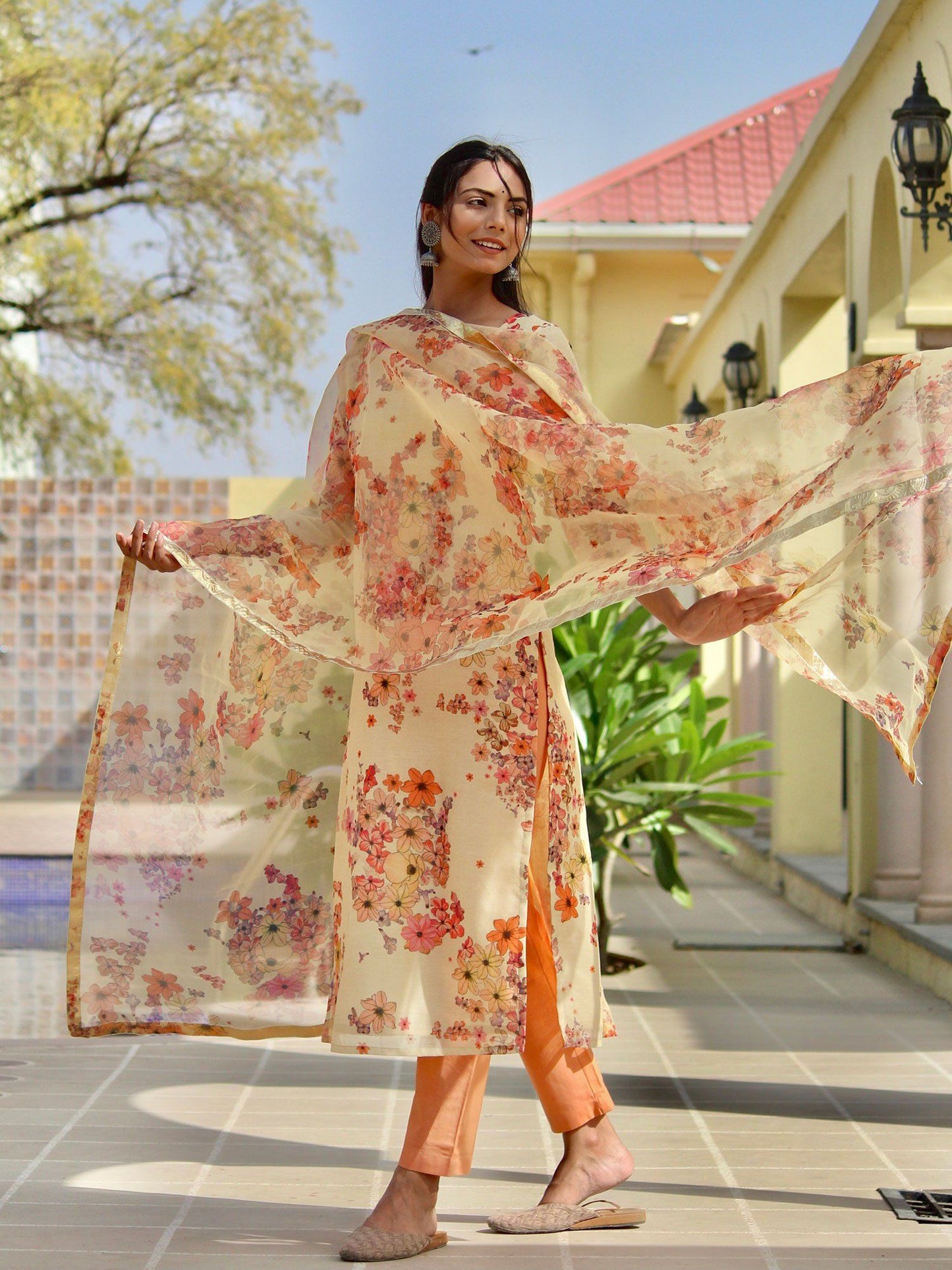 ONEWE INDIA Diaana Floral Suit Set (Set of 3) - Gold