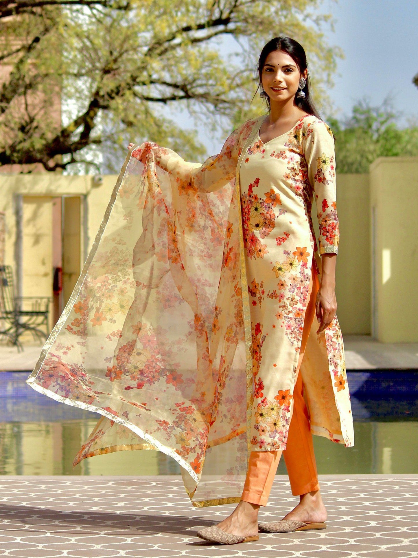 ONEWE INDIA Diaana Floral Suit Set (Set of 3) - Gold