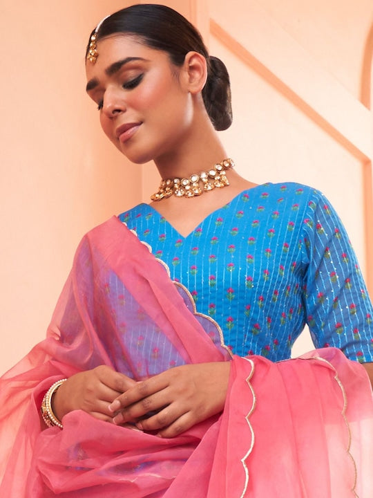 Janasya Floral Printed Sequinned Ready to Wear Lehenga & Blouse With Dupatta