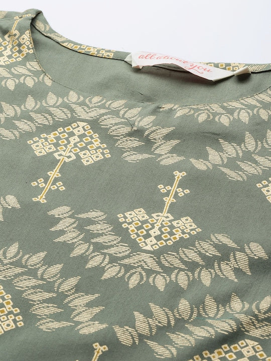 All about you Women Grey & Golden Ethnic Motifs Print Kurta with Trousers