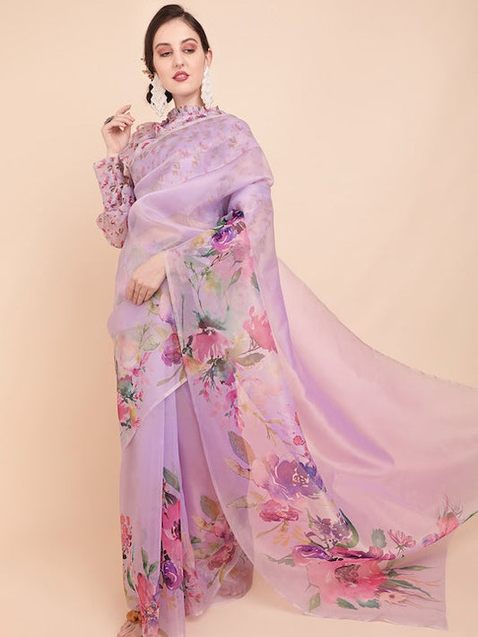 Sangria Lavender & Green Floral Organza Saree