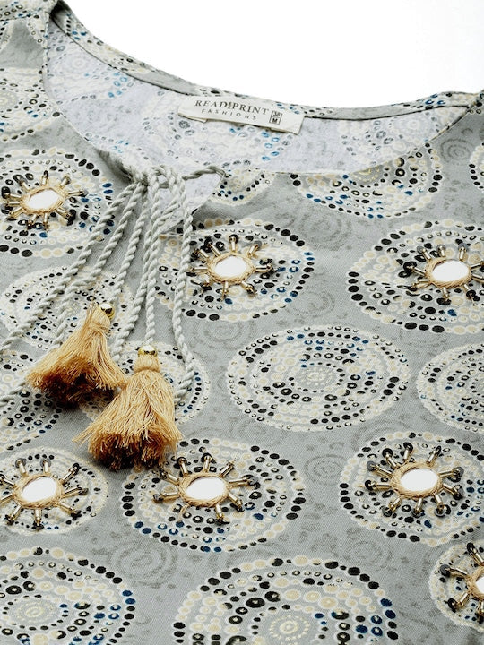 Readiprint Fashions Geometric Print Tie-Up Neck Bell Sleeves Embellished A-Line Dress