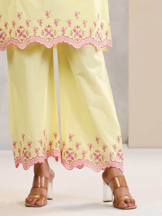 Readiprint Fashions Floral Yoke Design Regular Mirror Work Pure Cotton Kurta With Palazzos