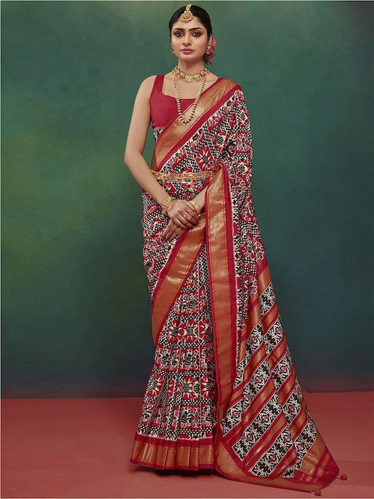Satrani Red & Black Ethnic Motifs Woven Design Zari Pure Silk Sungudi Saree
