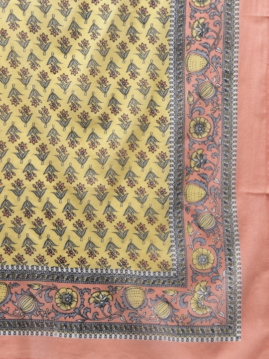 Yufta Women Yellow Floral Printed Regular Pure Cotton Kurta with Palazzos & With Dupatta