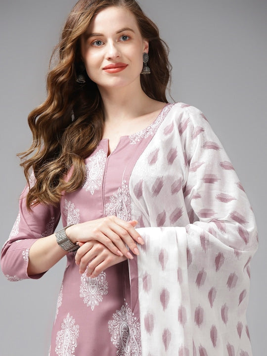 Yufta Women Mauve Ethnic Motifs Printed Regular Kurta with Palazzos & With Dupatta