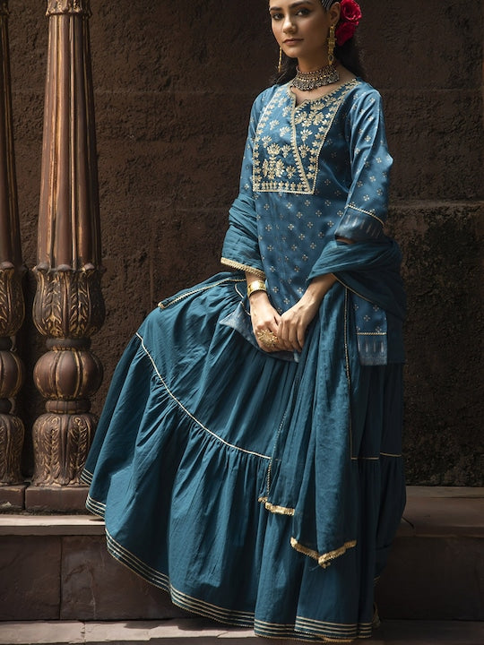 Juniper Ethnic Motifs Printed Regular Kurta with Skirt & Dupatta