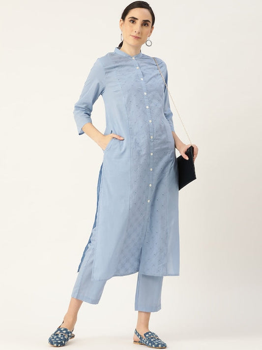 Anouk Women Blue Ethnic Motifs Embroidered Panelled Pure Cotton Kurta with Trousers