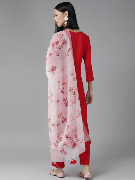 Yufta Women Red Kurta with Trousers & With Dupatta