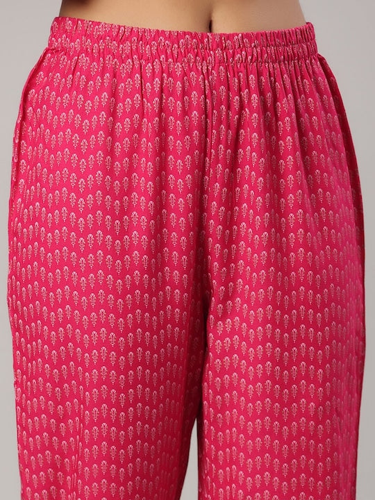 Yufta Women Fuchsia Ethnic Motifs Printed Sequinned Kurta with Trousers & Dupatta