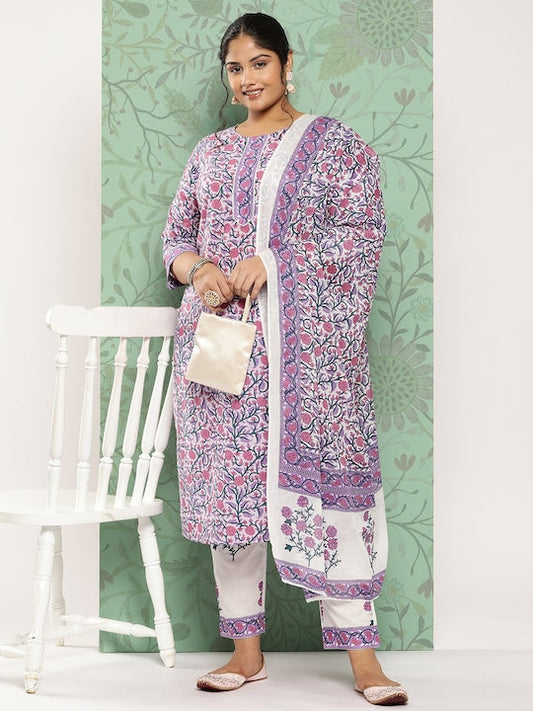 Yufta Plus Size Ethnic Motifs Printed Pure Cotton Kurta with Trousers & With Dupatta
