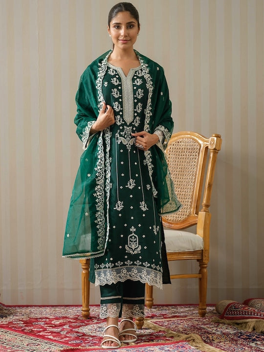 House of Pataudi Ethnic Motifs Embroidered Straight Kurta With Trouser & Dupatta Set