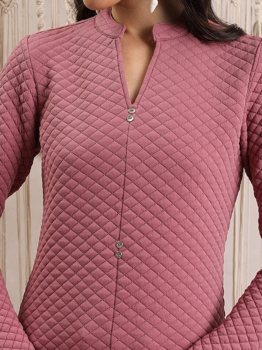 Vishudh Geometric Woven Design Mandarin Collar Quilted Detail Straight Kurta