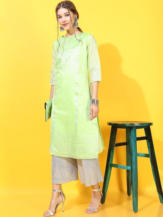 Vishudh Women Green Ethnic Motifs Printed Straight Kurta