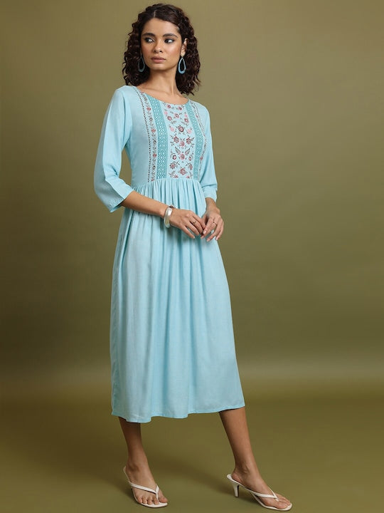 Vishudh Blue Floral Printed Gathered Cotton Fit and Flare Midi Dress