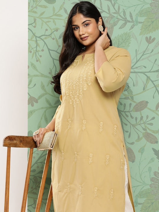 Yufta Plus Size Floral Embroidered Chikankari Pure Cotton Kurta