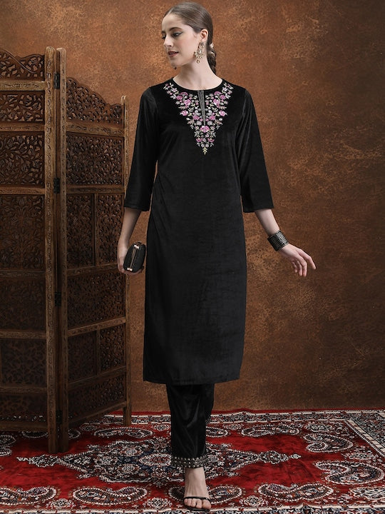 Vishudh Black Floral Yoke Design Embroidered Straight Kurta