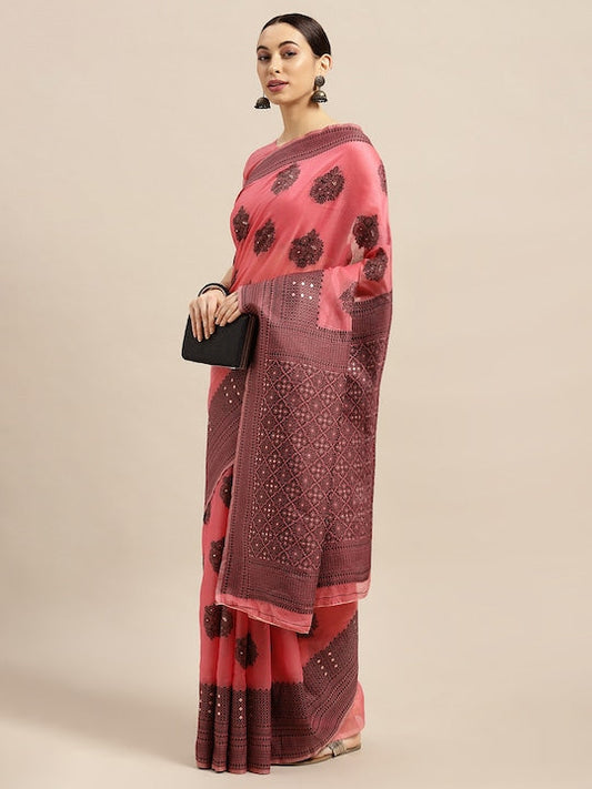 Saree mall Pink Floral Silk Blend Banarasi Saree