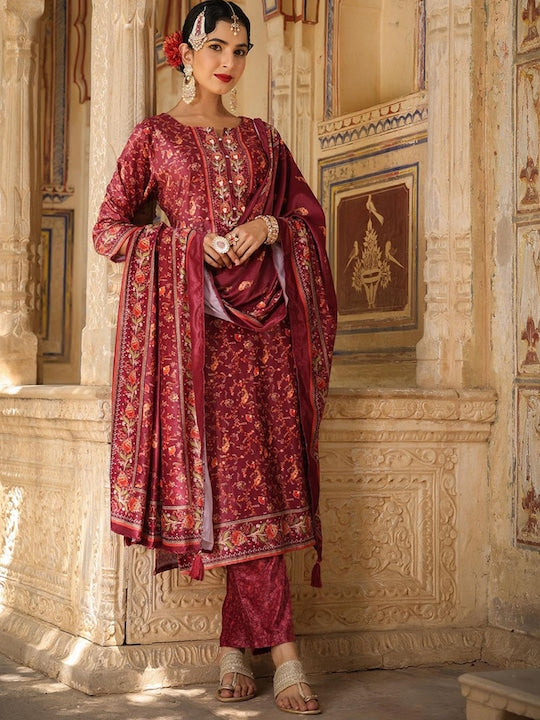 Scakhi Women Rust Floral Printed Sequinned Velvet Kurta with Trousers & With Dupatta