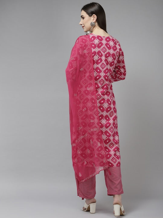 Yufta Women Fuchsia Pink & White Bandhani Sequinned Kurta with Trousers & With Dupatta