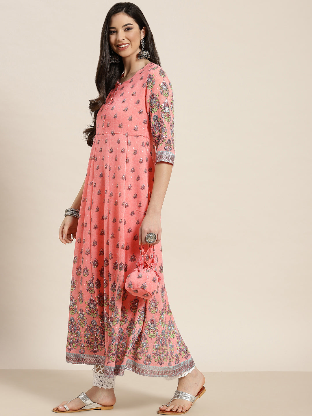 Juniper Women Pink Floral Printed Georgette Anarkali Kurta