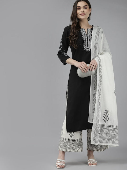 Yufta Women Black Pure Cotton Kurta Thread Work Yoke Design with Palazzos & Dupatta