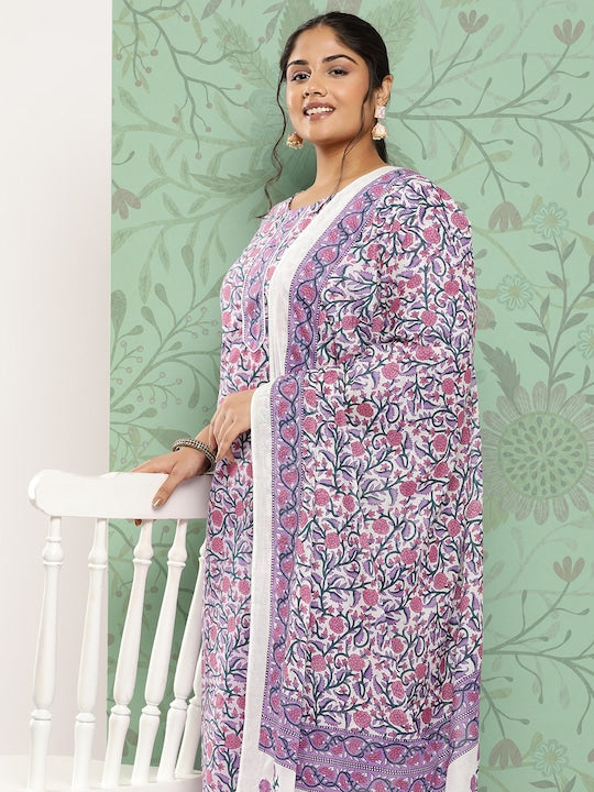 Yufta Plus Size Ethnic Motifs Printed Pure Cotton Kurta with Trousers & With Dupatta