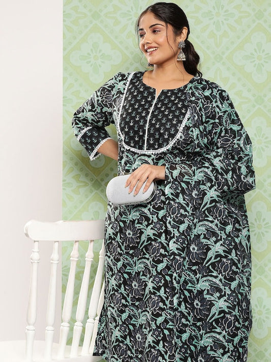 Yufta Plus Size Floral Printed Sequinned Pure Cotton Kurta with Trousers & Dupatta