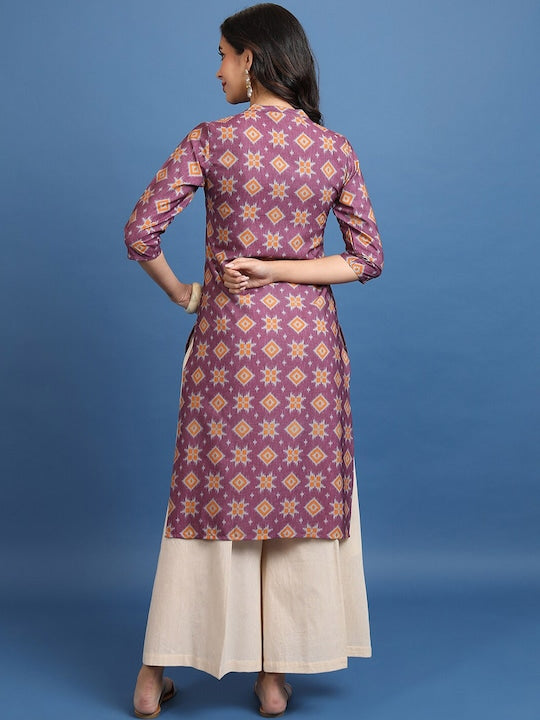 Vishudh Burgundy Ethnic Motifs Printed Mandarin Collar Straight Kurta