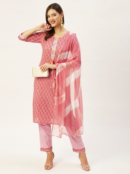 Anubhutee Women Peach Coloured Floral Printed Pure Cotton Kurta with Trousers & With Dupatta