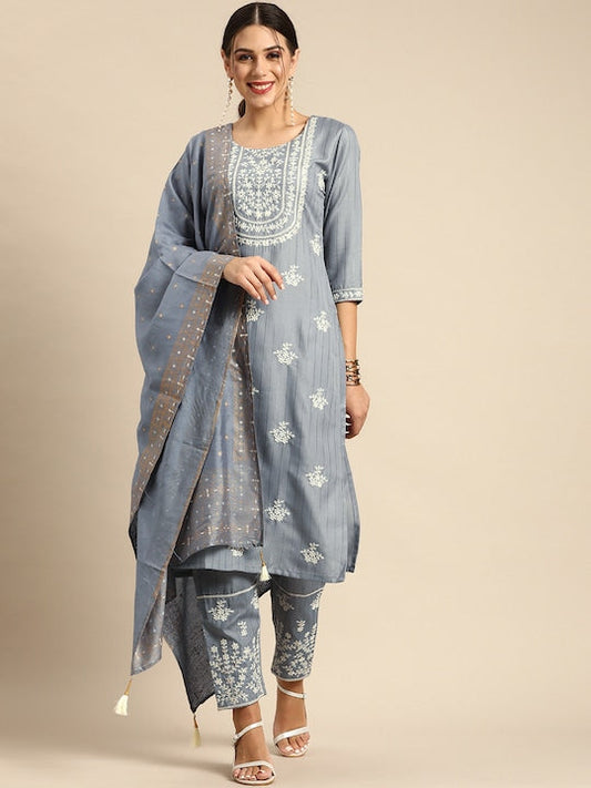 Anouk Blue & White Motifs Embroidered & Striped Straight Kurta Trousers Dupatta