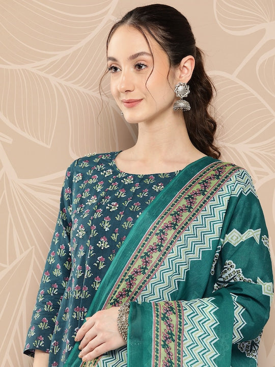 Yufta Women Floral Printed Regular Pure Cotton Kurta with Trousers & With Dupatta