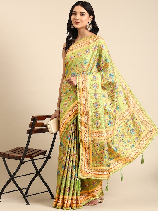 Kasee Green & Brown Floral Printed Satin Saree