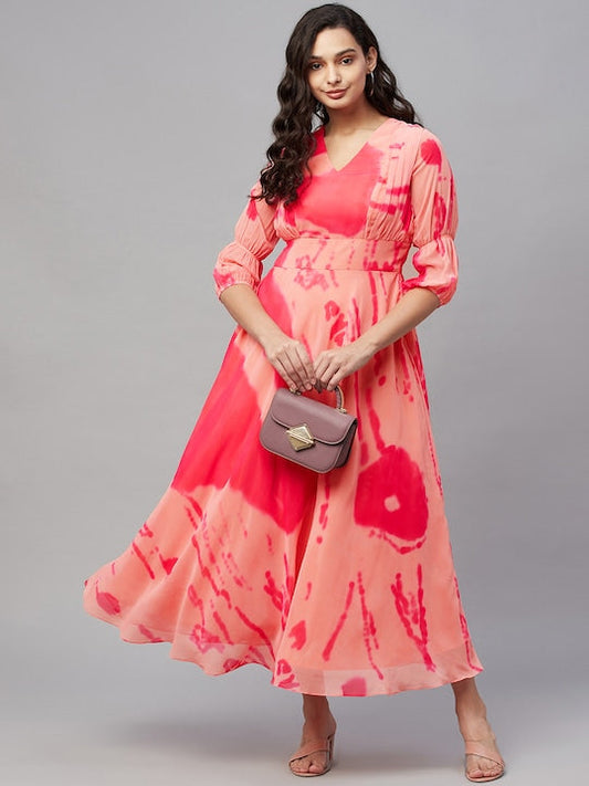 Myshka Peach-Coloured & Pink Tie and Dye Georgette Maxi Dress