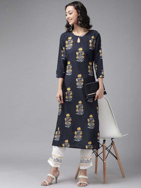 Yufta Women Navy Blue & Mustard Yellow Floral Printed Pure Cotton Kurta with Palazzos White
