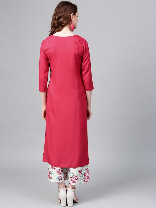 Yufta Women Pink & Sea Green Yoke Design Kurta with Palazzos