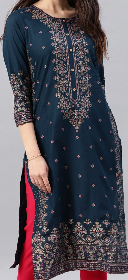 Vishudh Women Navy Blue Printed A-Line Kurta
